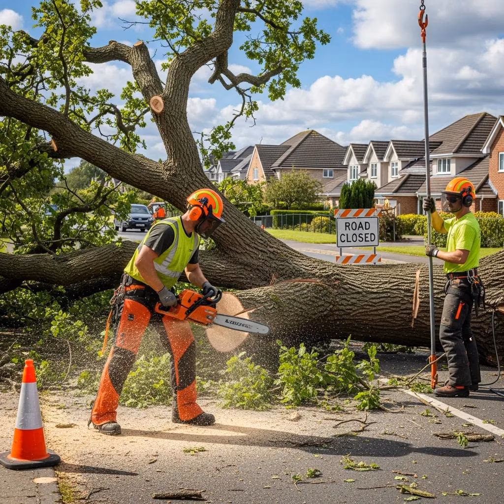 Dunbar Tree Service professionals removing fallen tree blocking road, emergency tree removal situation.