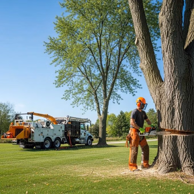 Tree removal service in Waukesha County with professionals cutting down a large tree