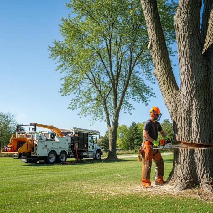 Tree removal service in Waukesha County with professionals cutting down a large tree