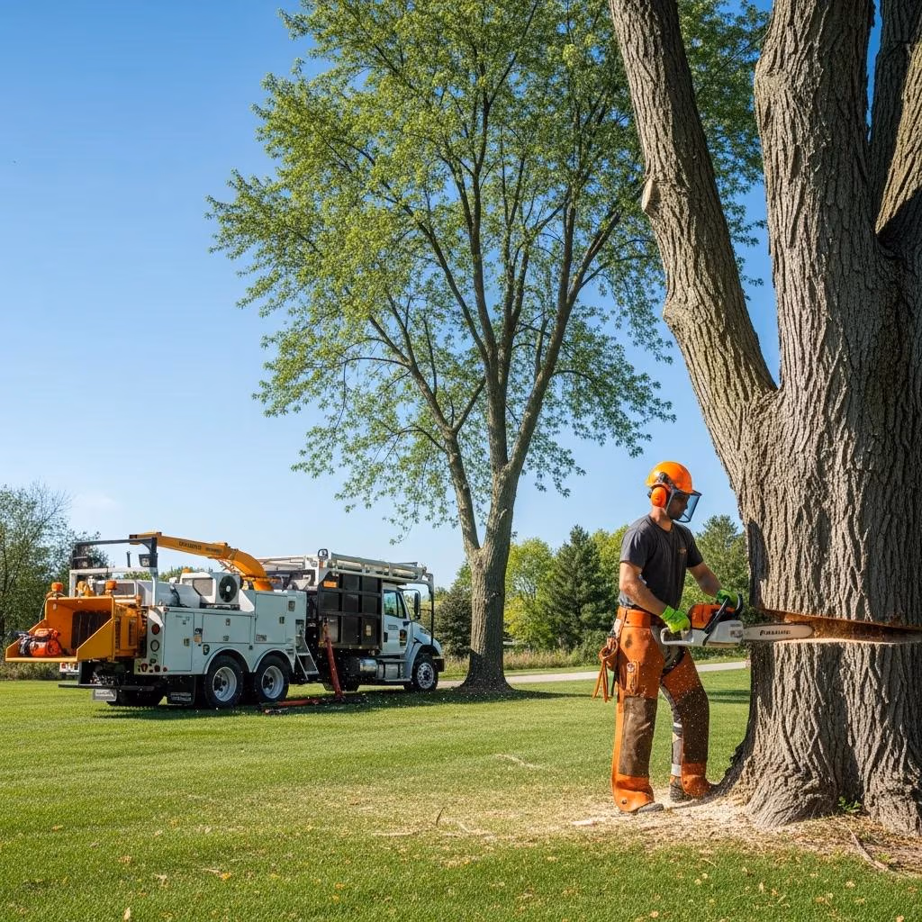 Dunbar Tree Service professionals removing a large tree in Waukesha County, Wisconsin.