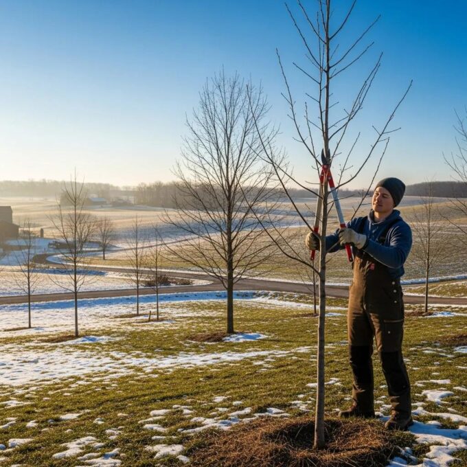 Wisconsin landscape with healthy trees in late winter, showcasing tree pruning practices