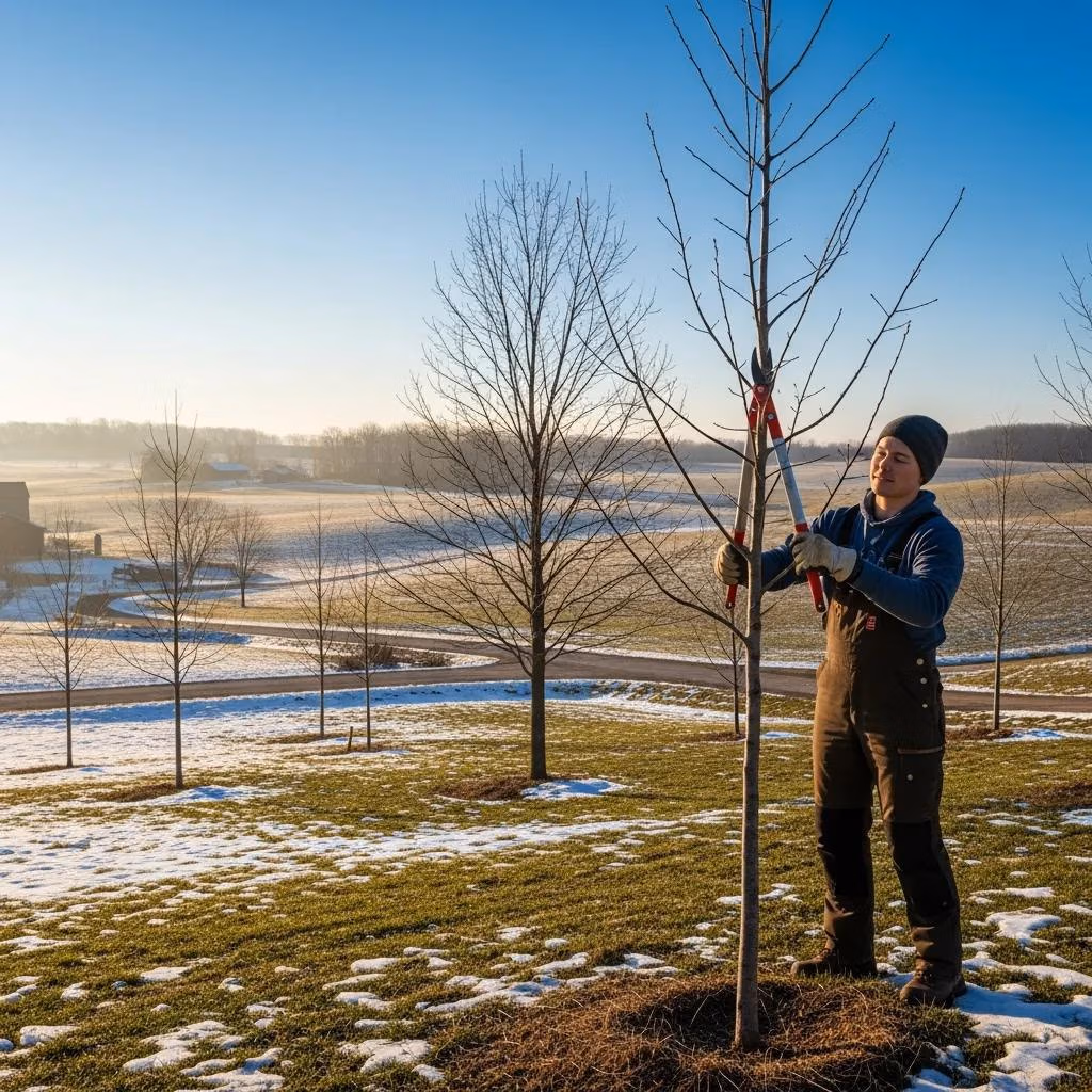 Wisconsin landscape with healthy trees and tree pruning practices in late winter.