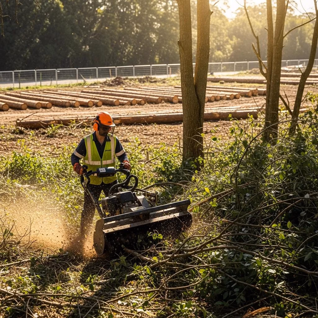 Worker using brush cutter for comprehensive brush clearing and land preparation for construction.