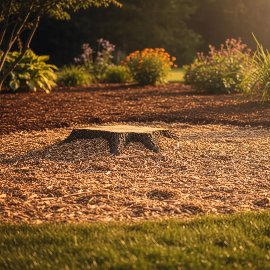 Stump grinding results: leveled ground and wood chips for landscaping, post-grinding site restoration.