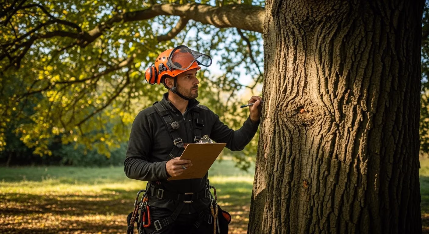 Arborist with a clipboard looking closely to a tree checking signs of risk