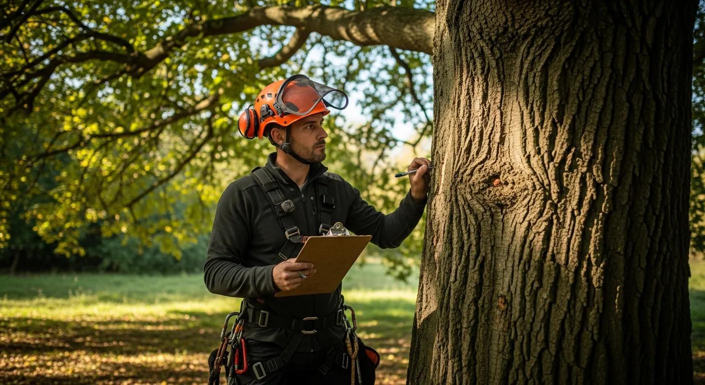 Arborist with a clipboard looking closely to a tree checking signs of risk