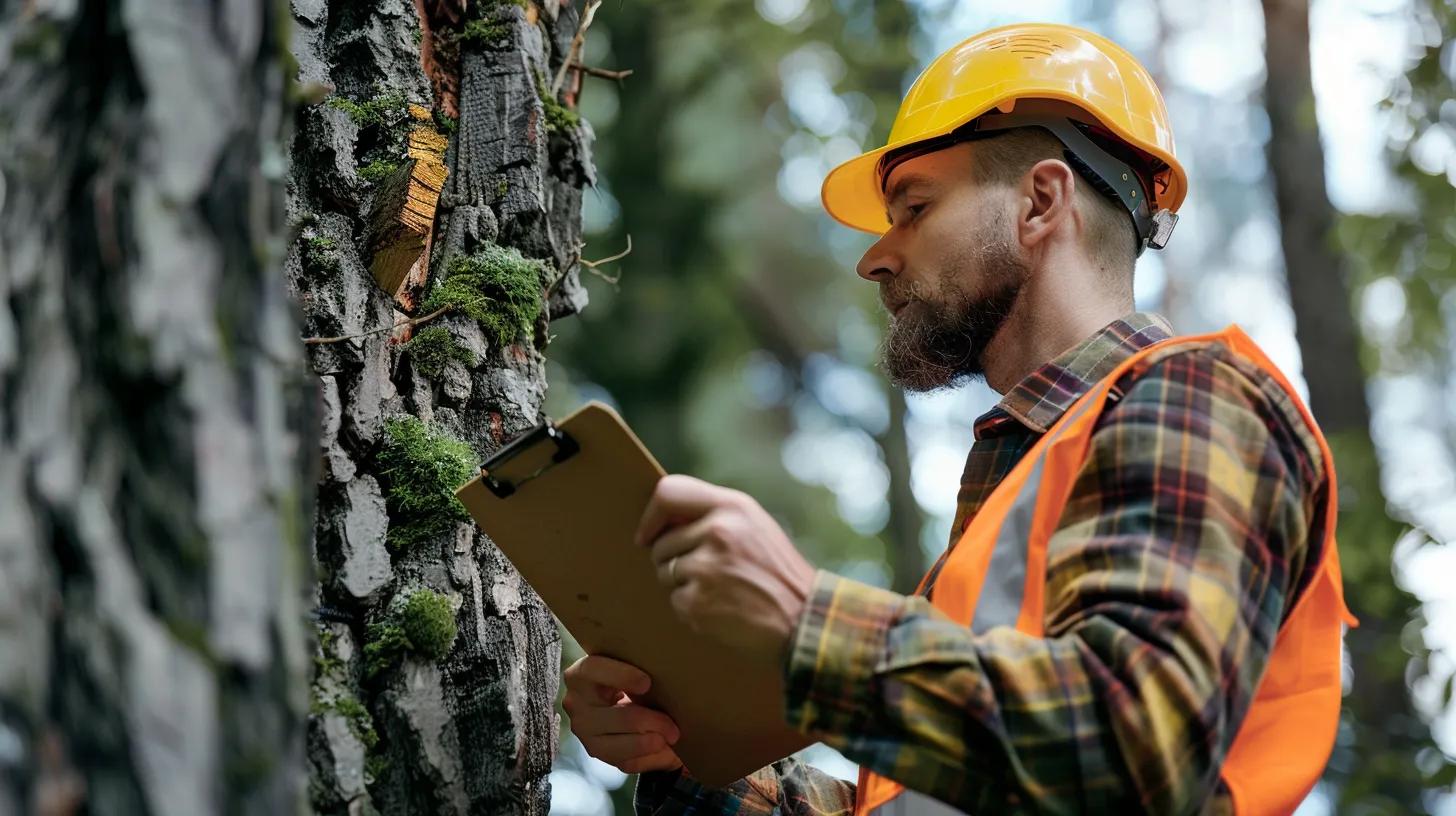 Arborist with a clipboard looking closely to a tree checking signs of risk