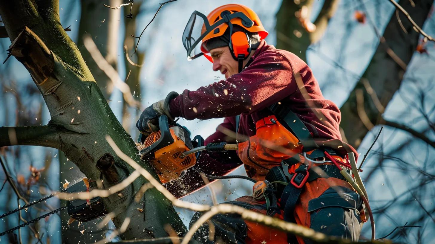 Arborist using a chainsaw to cut down hazardous branches while wearing proper PPE and safety harness