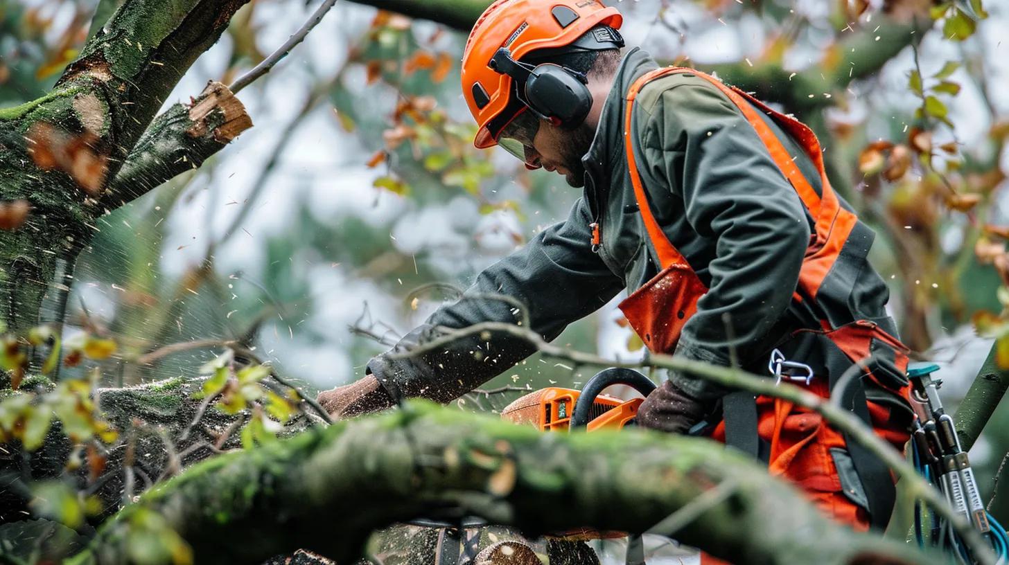 Arborist using a chainsaw to cut down hazardous branches while wearing proper PPE and safety harness