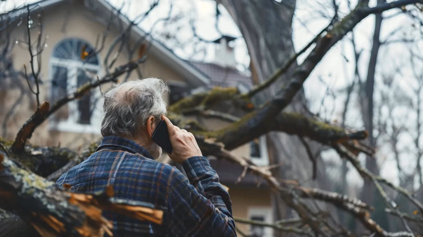 concerned homeowner on the phone while looking at tree with large broken branch