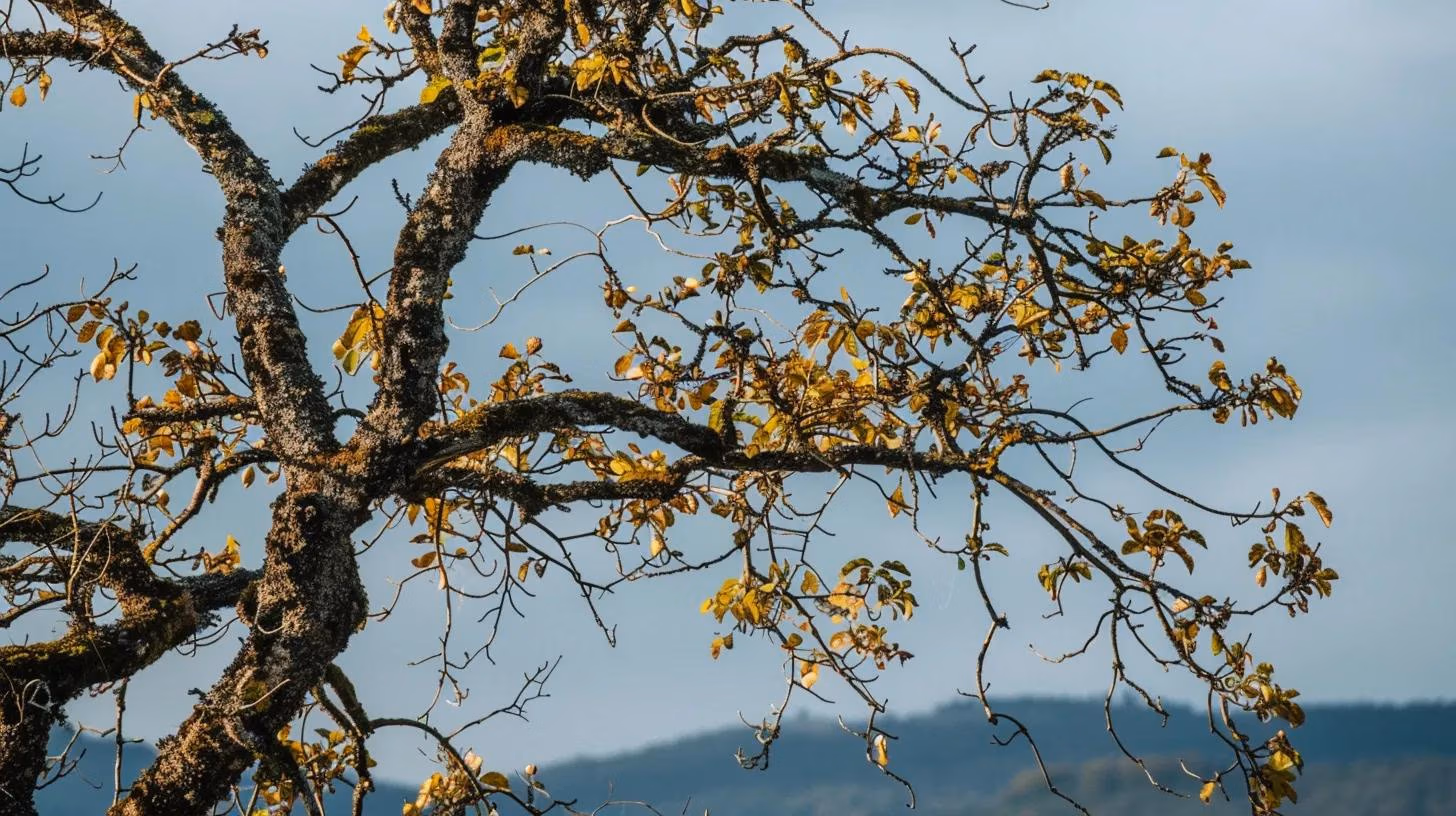 Tree with wilting leaves and other signs of disease.