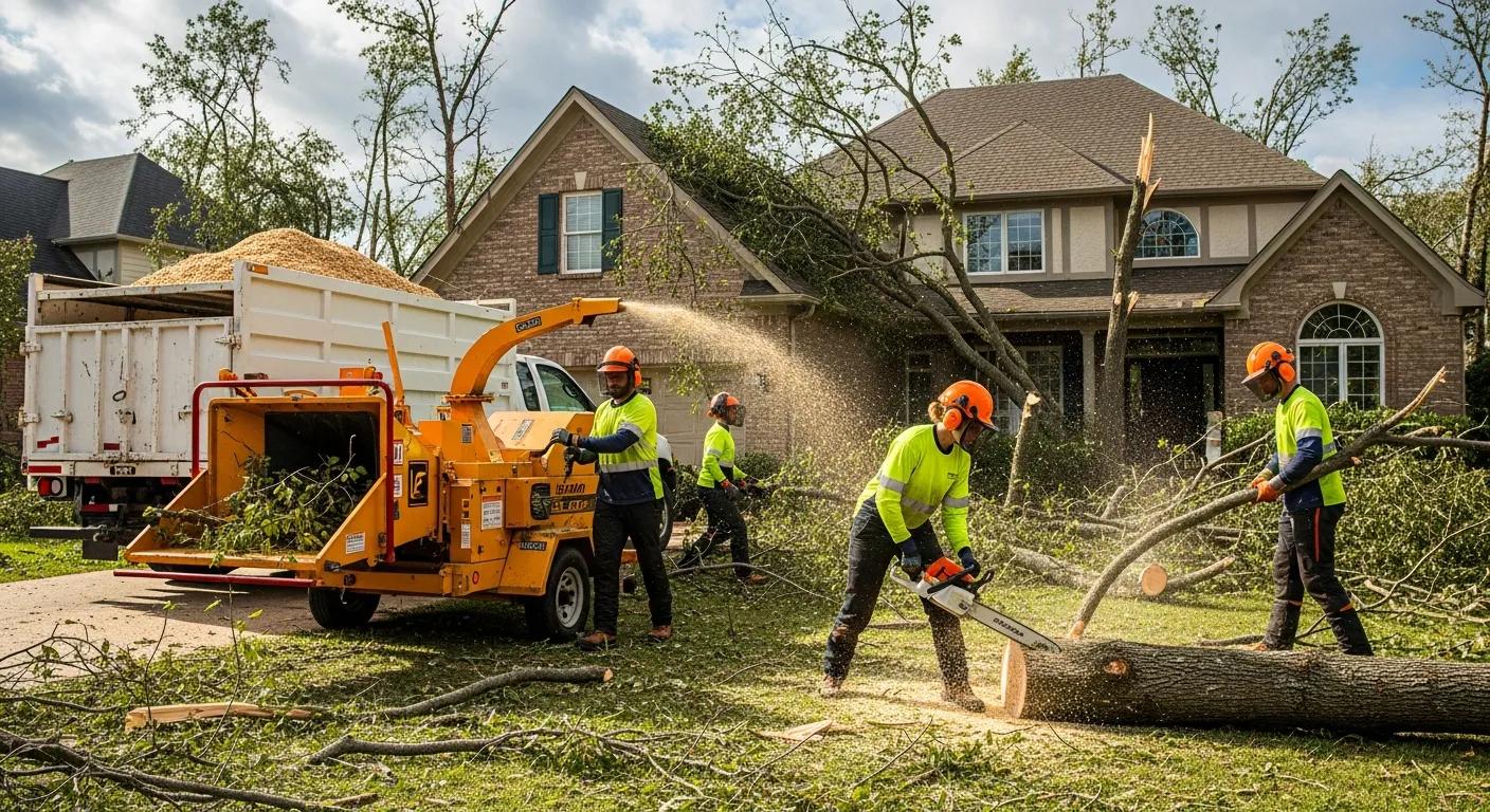 Home with arborists cleaning up storm debris