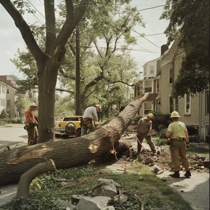Emergency tree removal team responding to a fallen tree after a storm