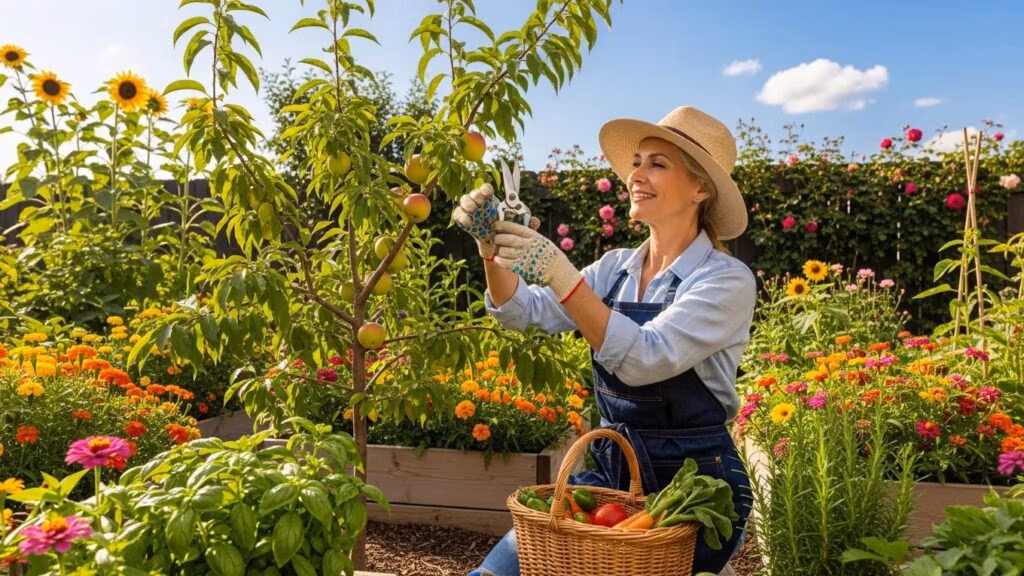 Beginner gardener pruning a fruit tree in a sunny backyard, showcasing the joy of fruit tree care