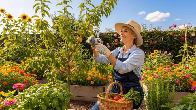 Beginner gardener pruning a fruit tree in a sunny backyard, showcasing the joy of fruit tree care