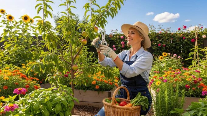 Beginner gardener pruning a fruit tree in a sunny backyard, showcasing the joy of fruit tree care