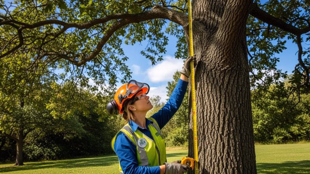 ISA-certified arborist inspecting a healthy tree, emphasizing ISA certification in tree care and professional expertise.