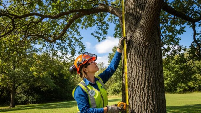 Certified arborist inspecting a healthy tree, emphasizing ISA certification in tree care