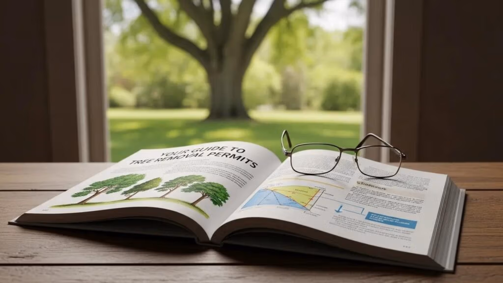 Open book illustrating tree removal permits and regulations with glasses on top, Dunbar Tree Service