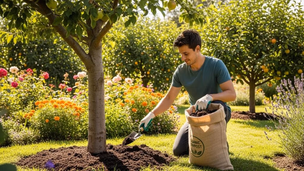 Gardener applying organic fertilizer to a fruit tree, emphasizing best practices for soil health and fertilization