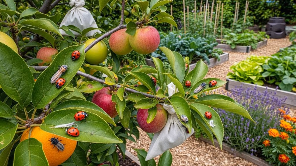 Healthy fruit tree with beneficial insects, illustrating effective pest management strategies for beginners