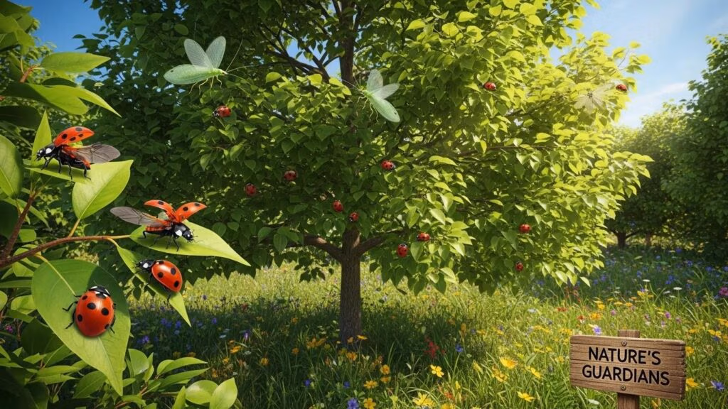 Healthy tree with beneficial insects promoting natural pest management and tree health.