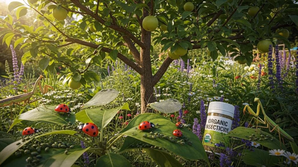 Integrated pest management showcasing biological controls and chemical alternatives for healthy trees and gardens.