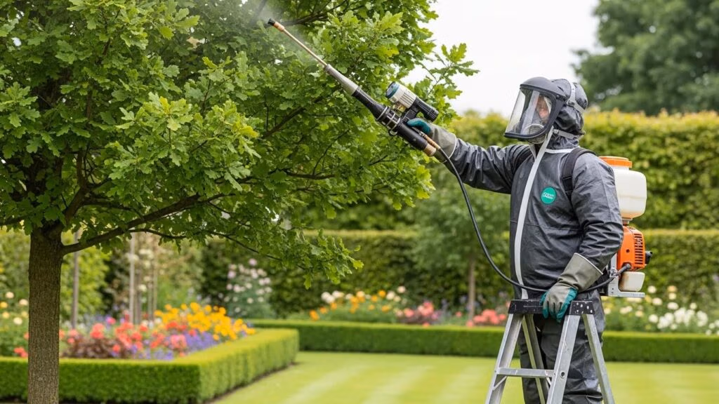 ISA-certified arborist applying foliar spray insecticide to healthy tree, demonstrating chemical insecticide application techniques.