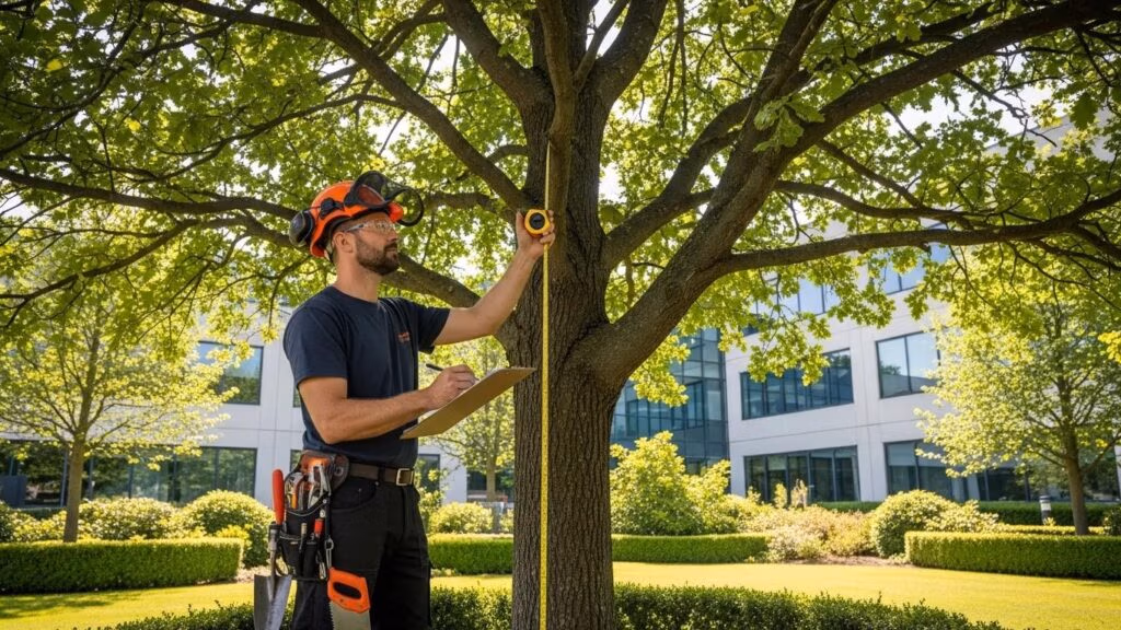 ISA-certified arborist inspecting healthy tree on commercial property, assessing tree health and safety.