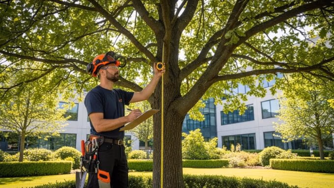 Professional arborist inspecting a healthy tree on a commercial property, highlighting the importance of tree care services