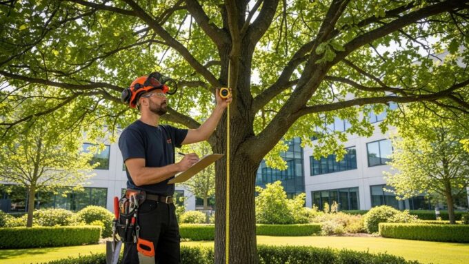 Professional arborist inspecting a healthy tree on a commercial property, highlighting the importance of tree care services