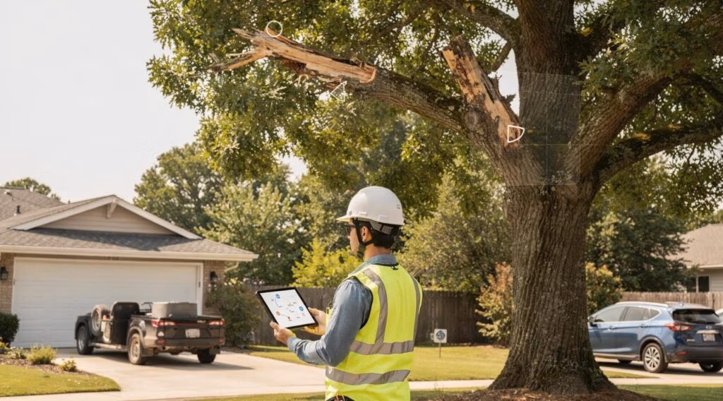 ISA certified arborist assessing damaged tree with tablet, evaluating tree health risk.