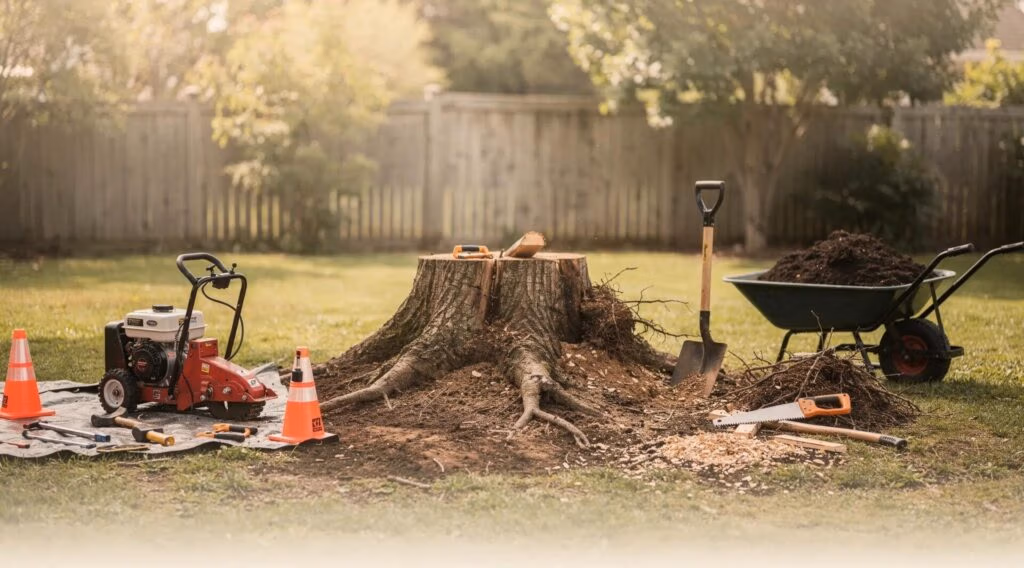 Stump grinding equipment and tools near freshly ground tree stump, illustrating professional stump removal services.