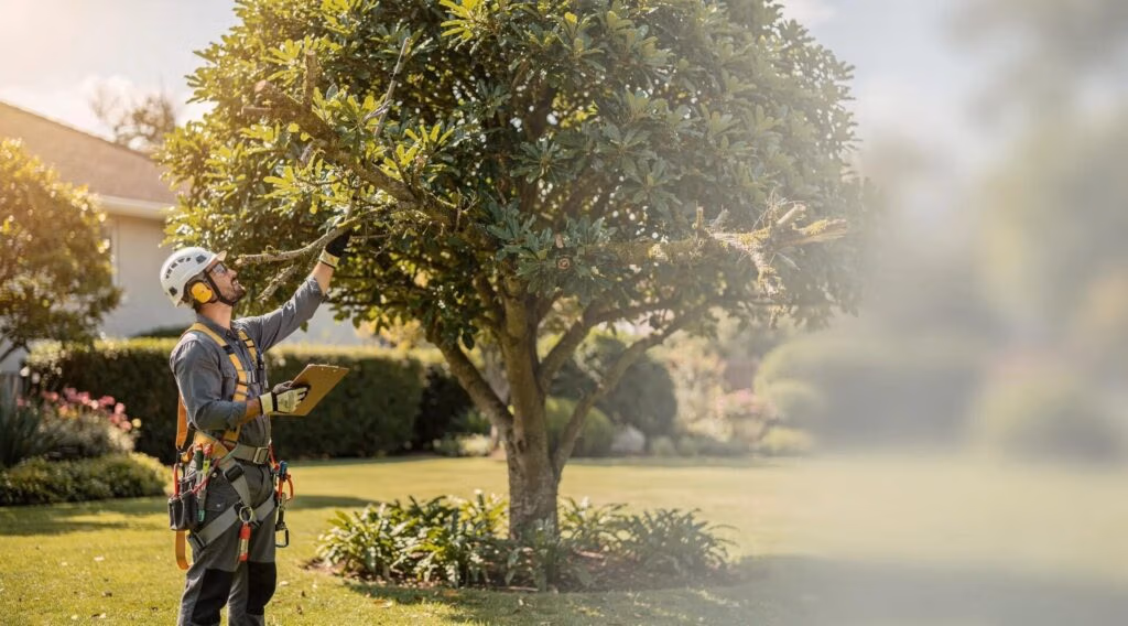 ISA-certified arborist assessing tree health and performing tree trimming in Waukesha County.