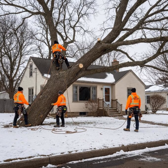 Certified arborist inspecting a storm-damaged tree with diagnostic tools