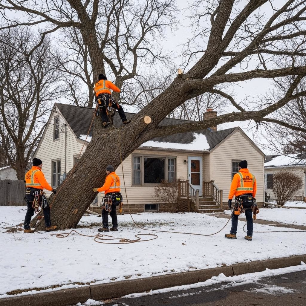 Tree removal crew safely trimming large tree branch near a house, illustrating storm damage assessment