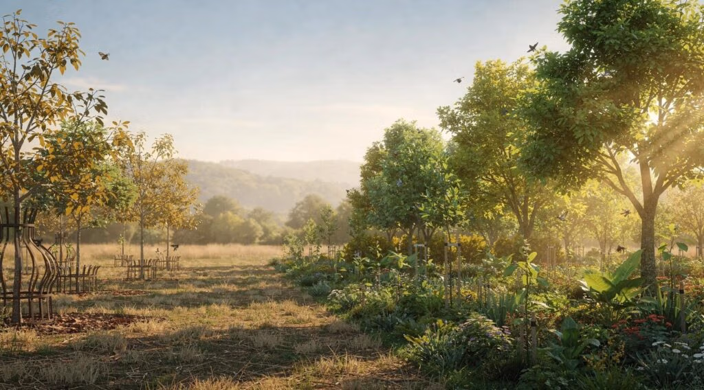 Native trees in Southeast Wisconsin landscape with sunlight and foliage, supporting local wildlife.