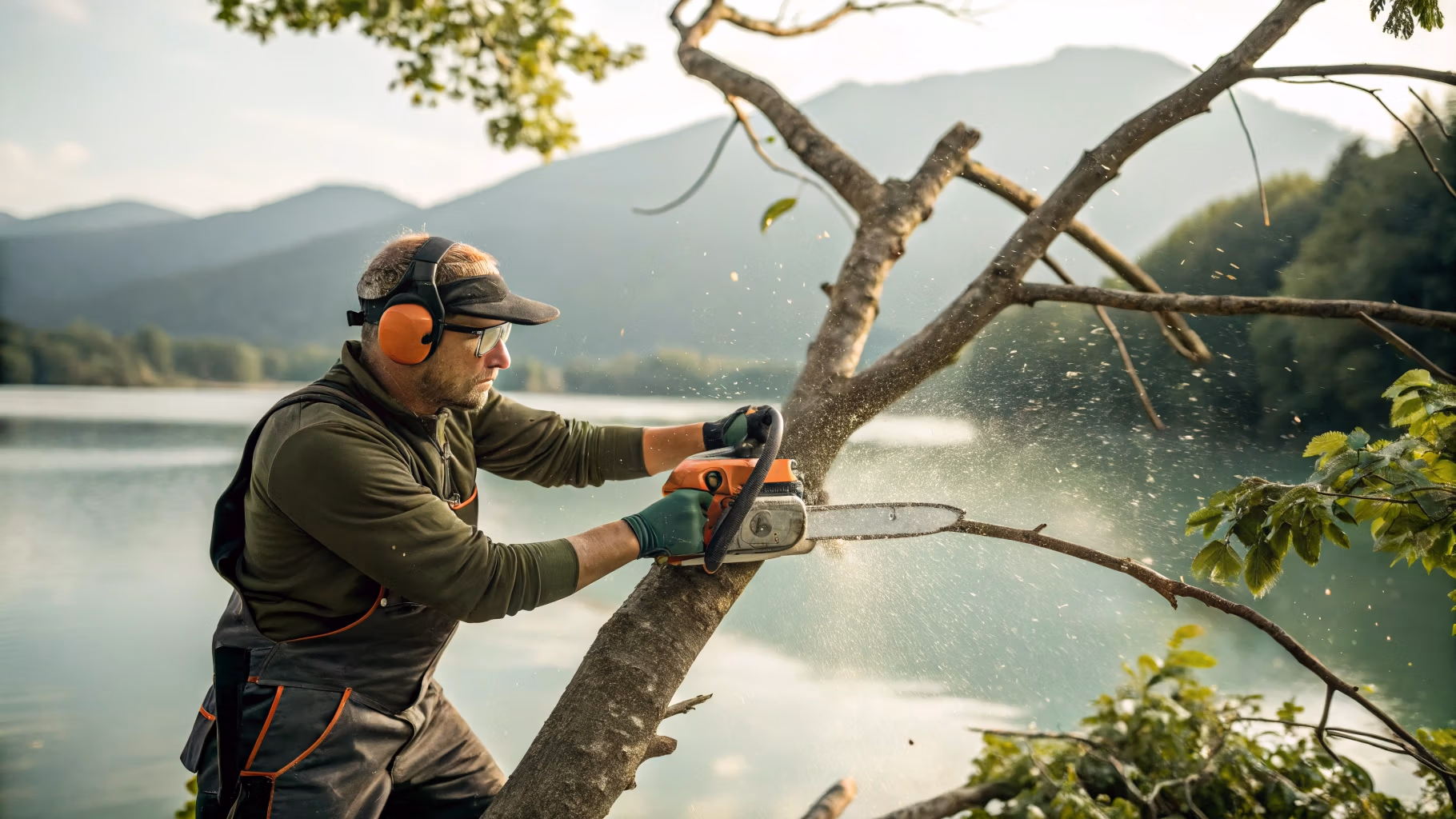 Arborist trimming tree with chainsaw for commercial tree care in Waukesha County.