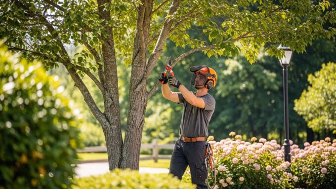 Professional arborist maintaining a tree in a commercial landscape