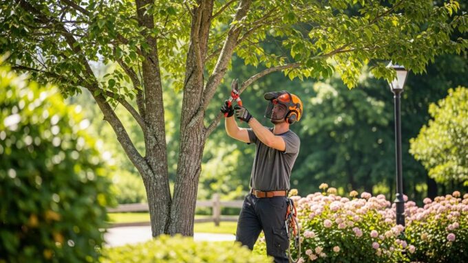 Professional arborist maintaining a tree in a commercial landscape