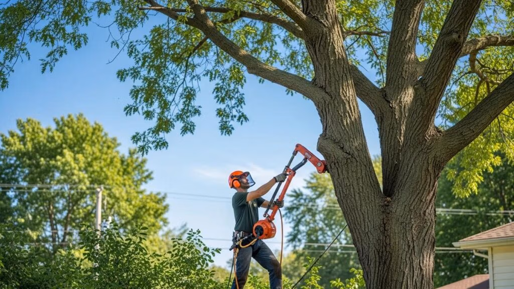 ISA-certified arborist trimming tree with professional equipment in Muskego, WI, showcasing safe tree care practices.