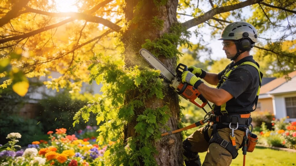 Professional arborist performing tree trimming service in a residential garden