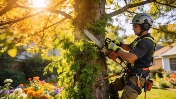 Professional arborist performing tree trimming service in a residential garden