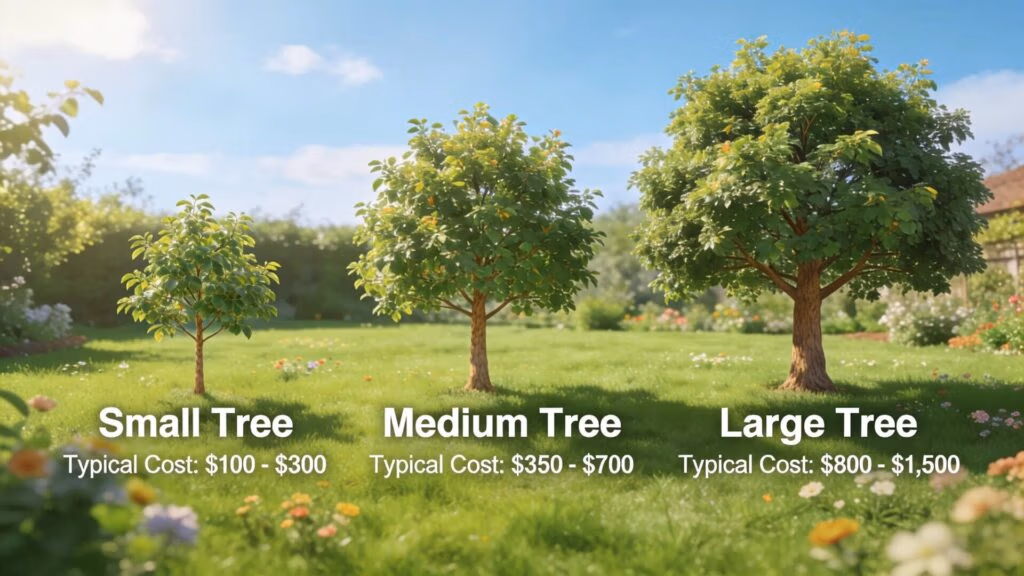 Comparison of small, medium, and large trees in a garden illustrating tree size differences