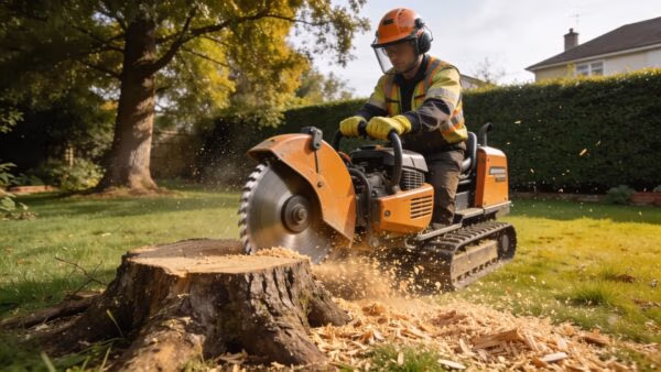 Stump grinding machine operated by a technician in a residential yard