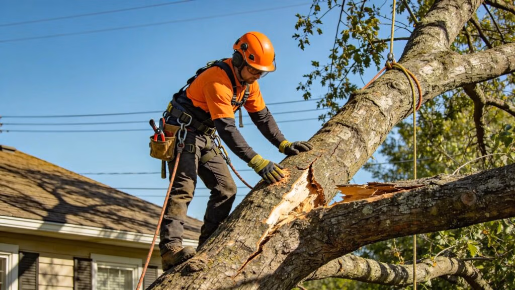 Certified arborist assessing a damaged tree near a house for emergency removal