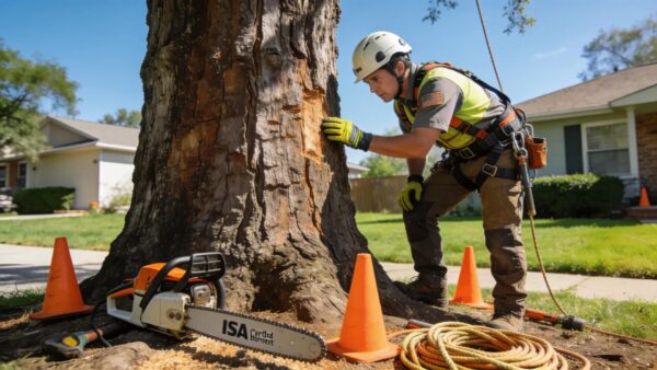 ISA Certified Arborist assessing a tree for safe removal in a Waukesha neighborhood