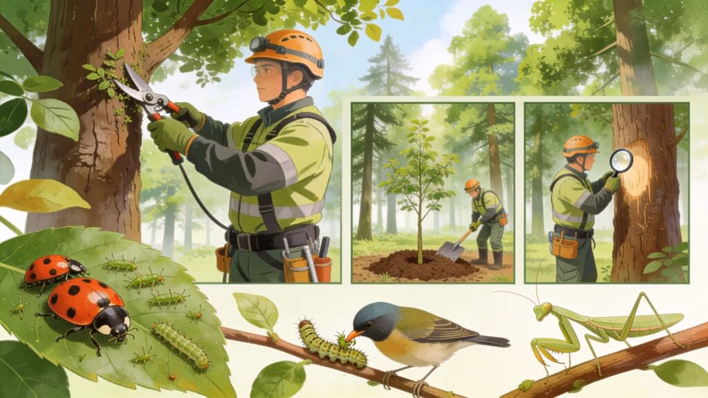 Arborist applying tree treatment methods including pruning and biological pest control, highlighting treatment options