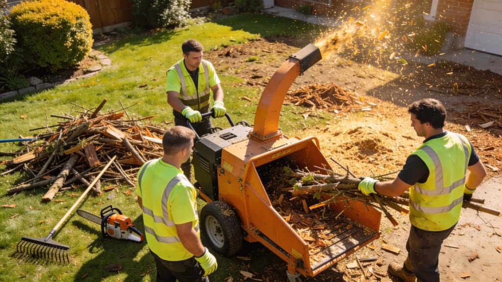 Workers using a wood chipper for tree debris removal in a restored yard after a storm
