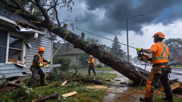 Storm damage tree removal team working on a fallen tree in Milwaukee